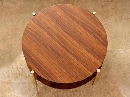 Shrine Round Glass Coffee Table, Mid-Century Modern Design, D30 x H17 in, Two-Tier Round Table with Walnut MDF Shelves, Sleek Conical Metal Legs with Gold Finish