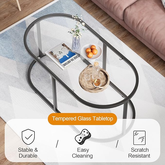 Coffee Table Black Glass Coffee Tables for Living Room, Oval Table Center Table with Sturdy Metal Frame,Modern Tempered Glass Accent Tables for Bedroom Home Office