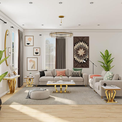 4-Piece Coffee Table Set, White and Gold Living Room Tables with 4 Geometric Bases, 1 Coffee Table + 2 End Table + 1 Console Table for Home Office