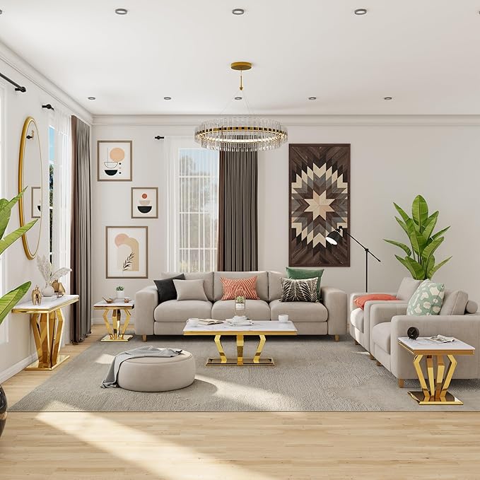 4-Piece Coffee Table Set, White and Gold Living Room Tables with 4 Geometric Bases, 1 Coffee Table + 2 End Table + 1 Console Table for Home Office