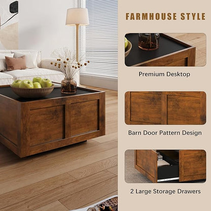 Farmhouse Coffee Table with 2 Storage Drawers for Living Room Square Center Middle Table Modern Cocktail Table Contemporary Mid Century Wood Home Office Waiting Room, Black Rustic