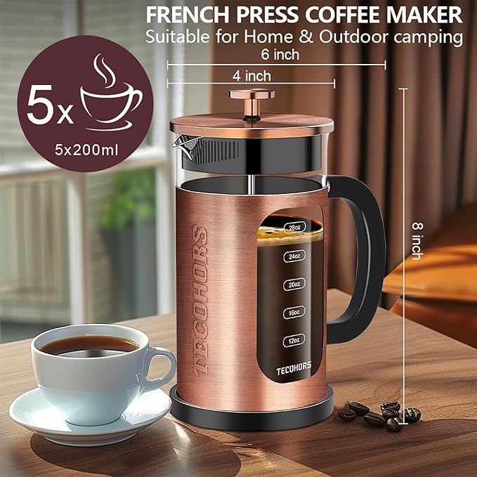 French Press Coffee Maker 34oz / 1 Quart 304 Stainless Steel Coffee Press,with 4 Filters System, Heat Resistant Thickness Borosilicate Glass, Brewed Coffee Pot (Copper)
