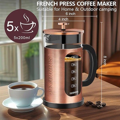 French Press Coffee Maker 34oz / 1 Quart 304 Stainless Steel Coffee Press,with 4 Filters System, Heat Resistant Thickness Borosilicate Glass, Brewed Coffee Pot (Copper)