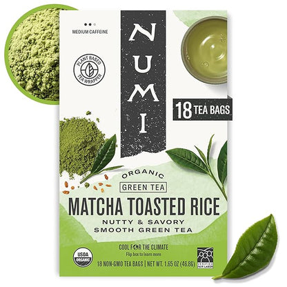 Numi Organic Tea Matcha Toasted Rice, 18 Count (Pack of 1) Box of Tea Bags, Green Tea (Packaging May Vary)