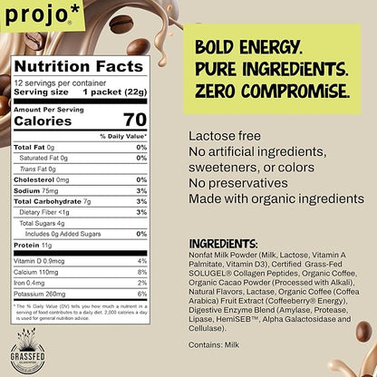 Projo* Power Coffee – Instant Coffee with 11g Protein – Grass-Fed Hydrolyzed Bovine Collagen & 175mg Caffeine – Mocha Latte Flavor – Organic – Energy Support – 12 Single-Serve Packets