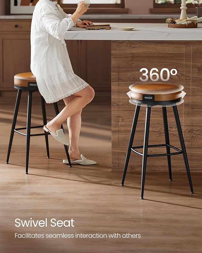 VASAGLE EKHO Collection - Swivel Bar Stools Set of 2, Counter Height Backless Bar Stools, Synthetic Leather with Stitching, Mid-Century Modern, 25.6-Inch Tall Kitchen Barstools for Home, Caramel Brown