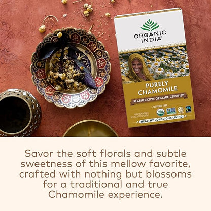 Organic India Purely Chamomile Tea- Regenerative Organic Chamomile Flowers, Caffeine Free, Calming & Relaxing Herbal Tea, Pure Chamomile, Natural Support for Sleep & Relaxation- 18 Tea Bags, Pack of 6