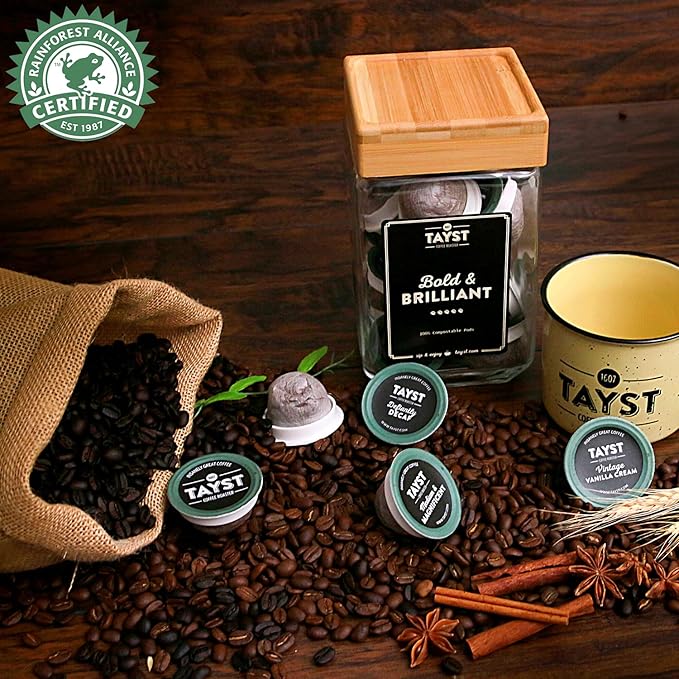 Tayst Coffee Pods, Bold & Brilliant Dark Roast, K Cups Compatible with Keurig Coffee Maker, Sustainable Single Serve, Pack of 50