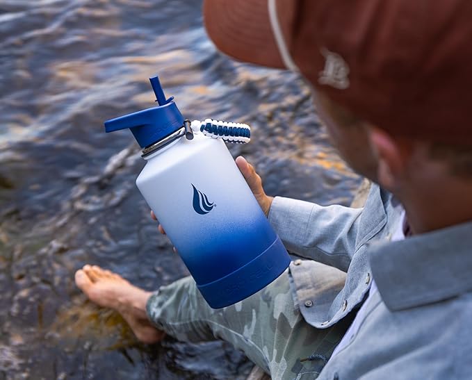 HYDRO CELL Stainless Steel Insulated Water Bottle with Straw - For Cold & Hot Drinks - Metal Vacuum Flask with Screw Cap and Modern Leakproof Sport Thermos for Adults (Navy/White 64oz)