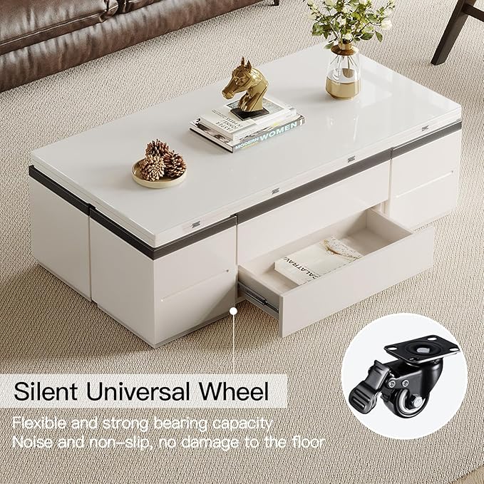 Extendable Coffee Table with 4 Storage Stools, Multifunctional Lift Top Coffee Table, Space Saving Folding Dining Table for Living Room (47.24 Inch)