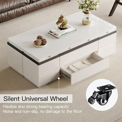 Extendable Coffee Table with 4 Storage Stools, Multifunctional Lift Top Coffee Table, Space Saving Folding Dining Table for Living Room (47.24 Inch)