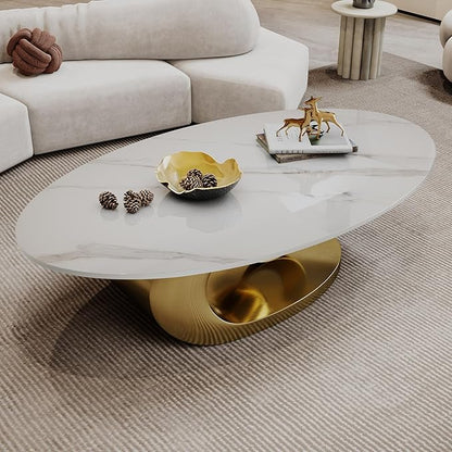 Marble Grain Coffee Table with Gold Stainless Steel Pedestal,Modern Coffee Tables,Oval Living Room Table with Faux Marble Top & Luxury Legs,Sintered Stone Cocktail Center Table,49.20inch