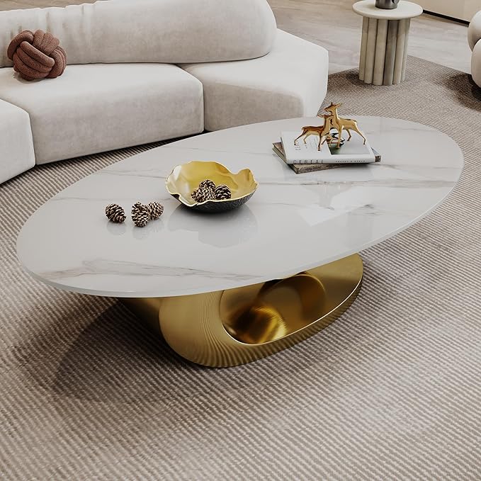 Marble Grain Coffee Table with Gold Stainless Steel Pedestal,Modern Coffee Tables,Oval Living Room Table with Faux Marble Top & Luxury Legs,Sintered Stone Cocktail Center Table,49.20inch