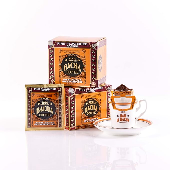 Bacha Coffee | Addis Ababa Decaffeinated Fine Flavoured, 100% Arabica Specialty Coffee Beans, Medium Roast, x12 Individually Wrapped Single Serve Filter Bags