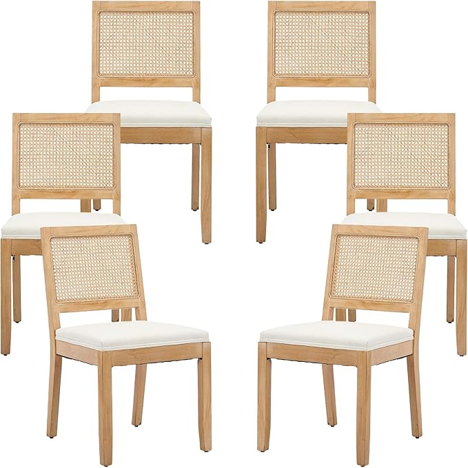 French Country Dining Chairs Set of 6, Beige Modern Kitchen & Dining Room Chairs, Rattan Dining Chair with Linen Upholstered Cushion, Low Cane Back, Wood Legs, Sillas de Comedor (Beige, 6 Pcs)