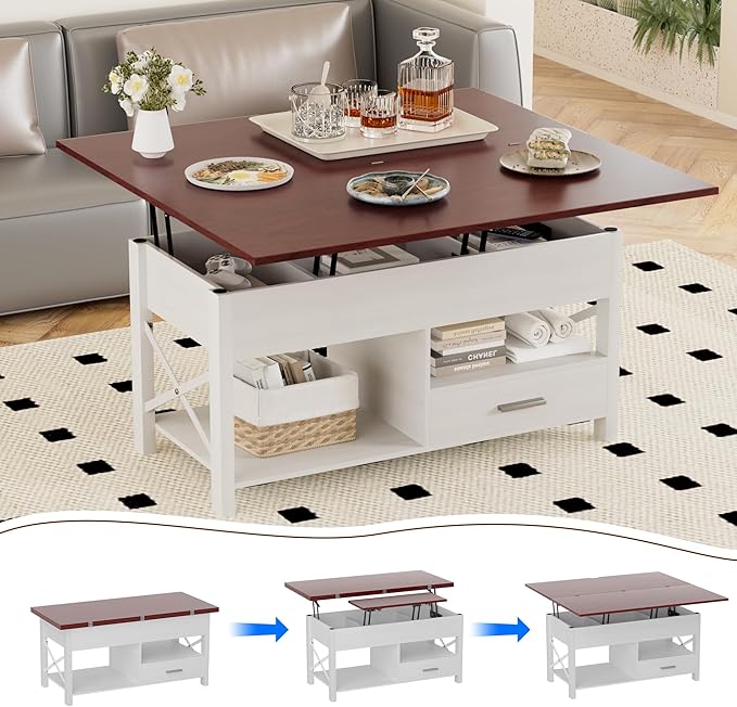 Lift Top Coffee Table with Storage, White Lift Top Coffee Table with Drawers&Hidden Compartment, Multi-Functional Center Table, Convertible Coffee Tables into Dining Table for Home Living Room Office