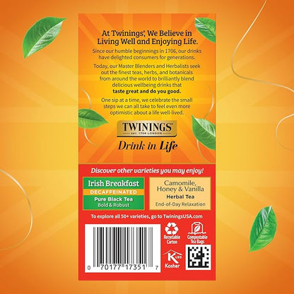 Twinings Decaffeinated English Breakfast Individually Wrapped Bags, 20 Count (Pack of 6), Flavourful & Robust, Enjoy Hot or Iced, 120 Teabags