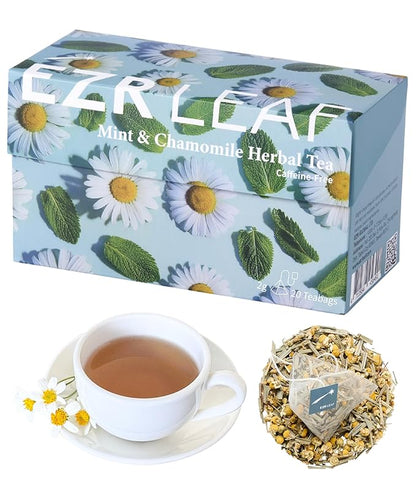 EZR Leaf Mint & Chamomile Herbal Tea 20 Pyramid Tea Bags 1.4 Once with Lemongrass Mint Leaves Caffeine Free Decaf Blend Natural Relaxing,Wellness Gift-Ready