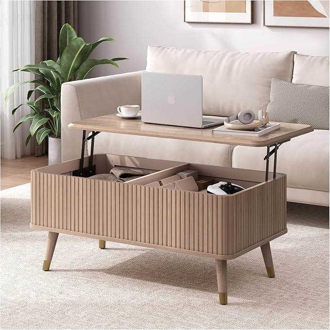 Lift Top Coffee Table, Mid Century Modern Coffee Table with Hidden Storage Compartment, 38" Fluted Center Table for Living Room, Home Office, Natural Oak