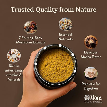 More. Longevity & Wellbeing Mushroom Coffee Superfood – 7 Functional Mushrooms with Lion’s Mane, Reishi, Chaga & Ashwagandha Extract, Instant Coffee Alternative with Prebiotics and Essential Vitamins for Focus & Energy, Mocha