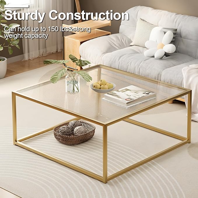 Glass Coffee Table Modern Center Table,Minimalist Coffee Table Sofa Side Tea Table for Living Room,Tempered Glass-top with Sturdy Metal Frame, Easy Assembly,26.4 x 26.4 x 15.7 Inches, Gold