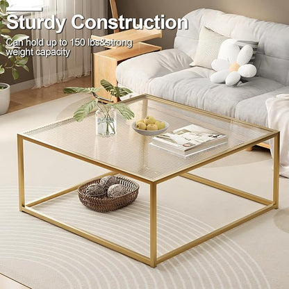 Glass Coffee Table Modern Center Table,Minimalist Coffee Table Sofa Side Tea Table for Living Room,Tempered Glass-top with Sturdy Metal Frame, Easy Assembly,26.4 x 26.4 x 15.7 Inches, Gold