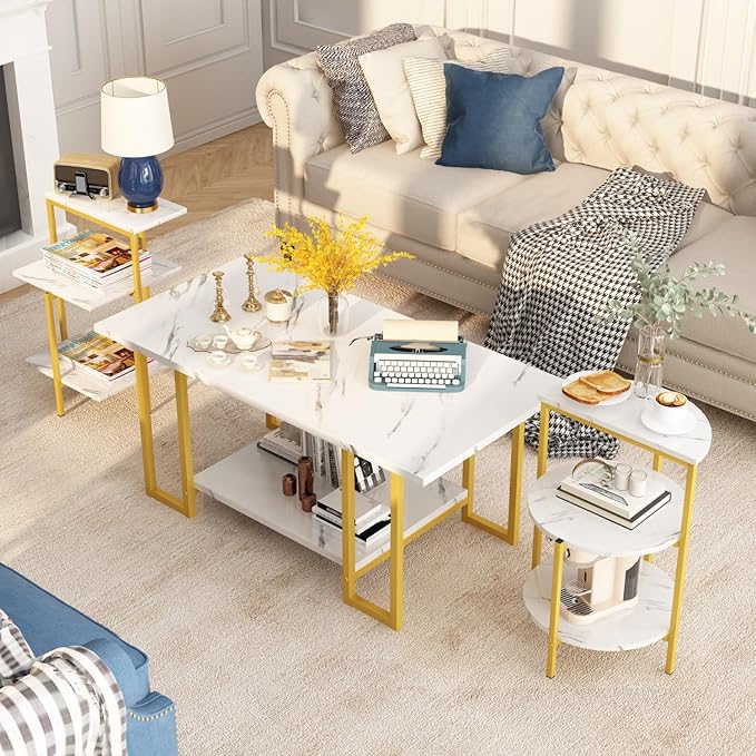 Lamerge Coffee Table Set of 3,Rectangle Coffee Table&2 Accent Table,Faux Marble Tabletop,3 Piece Living Room Table Sets with Multi Tier Storage, for Small Space, Apartment,White & Gold (LCTS-wg)