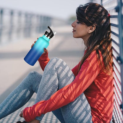 Volhoply 17oz Kids Insulated Water Bottle,Stainless Steel Water Bottles with Straw Lid,Reusable Metal Cups Water Bottle,Double Wall Vacuum Sports School Water Flask Keep Cold(Green Blue,1 Set)