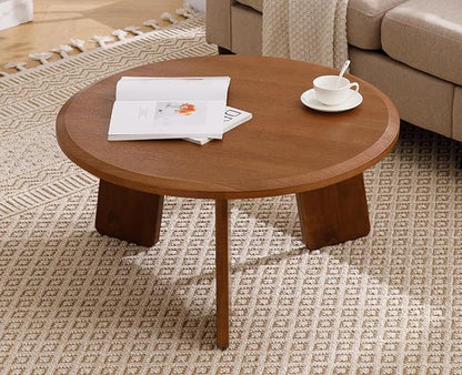 chairus 32 Inches Round Coffee Table Solid Wood Side Table Cute Circle End Table for Living Room, Home Decor, Balcony, Walnut