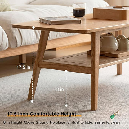 Modern Solid Wood Coffee Table, 2-Tier Small Wooden Coffee Table with Storage Shelf for Living Room, Apartment, Office, Natural (48''D x 22''W x 18''H)