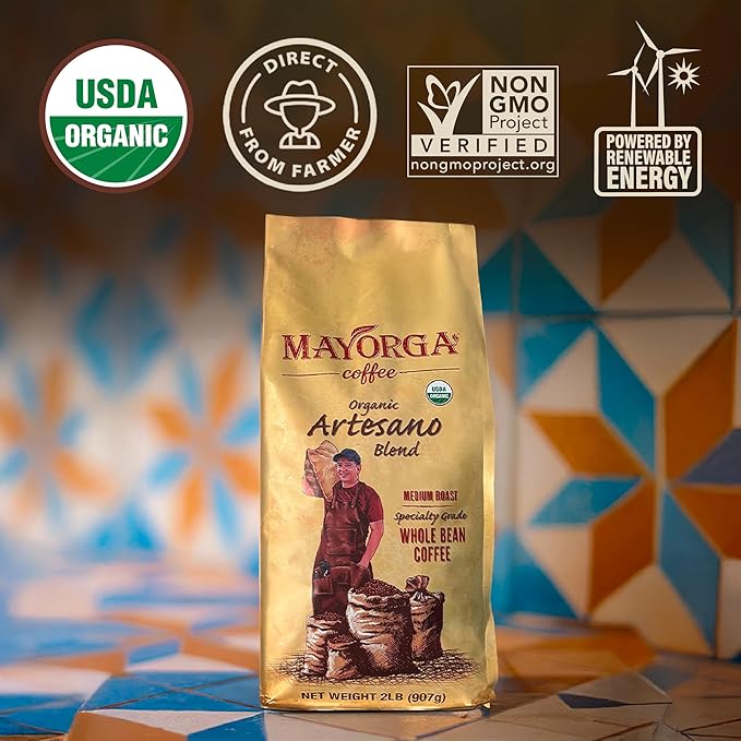 Mayorga Organic Coffee 2lb Artesano Blend - Medium Roast Whole Bean Coffee Speciality Grade, 100% Arabica, Slow Roasted, Chocolate and Nutty Flavor with Low Acidity - USDA Organic, Non-GMO, Kosher