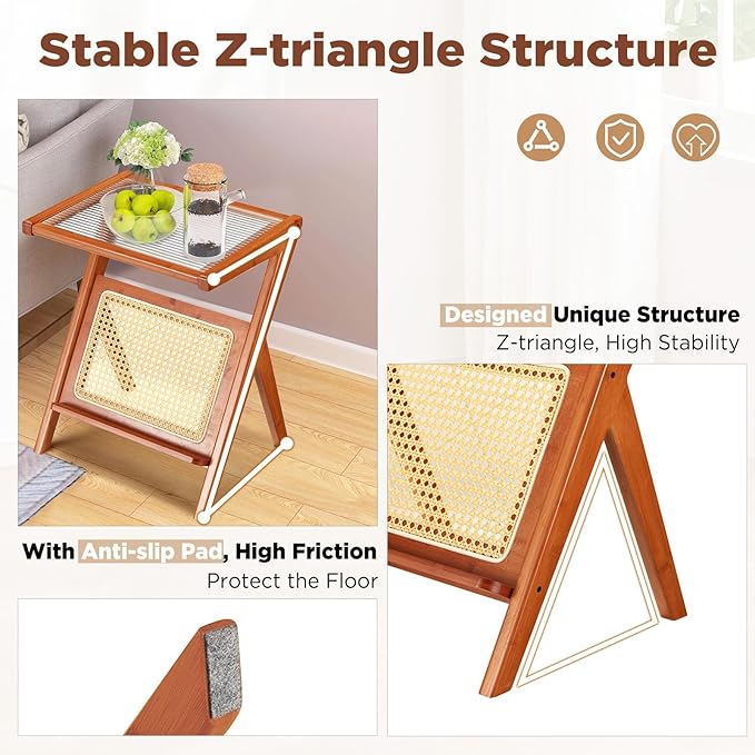 Rattan Side Table Set of 2, Rattan End Table Z-Shaped Boho Nightstand with Glass-top, Accent and Coffee Table for Bedroom Living Room Small Space