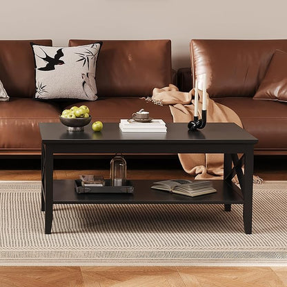 ChooChoo Coffee Table with Thicker Legs, Black Wood Coffee Table with Storage for Living Room, 47 inch