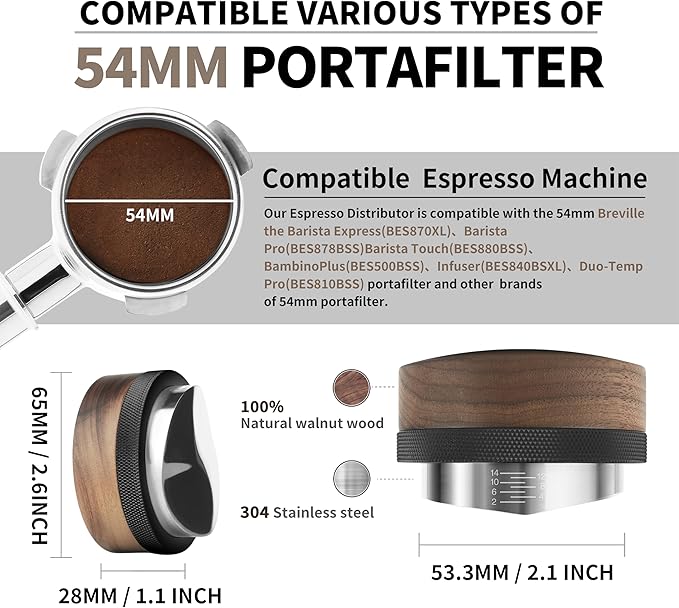 53.3mm Coffee Distributor,Espresso Distribution Tool, Adjustable Depth Espresso Distributor Fits All 53MM and 54MM Espresso Portafilter,Compatible with Breville 54MM Portafilter.