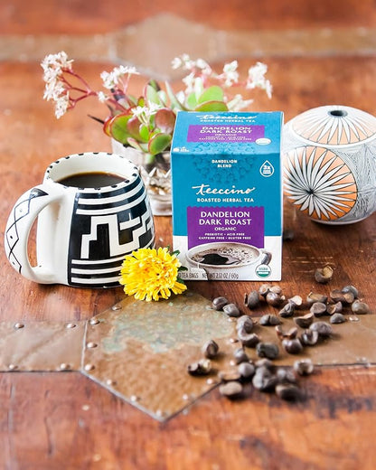 Teeccino Dandelion Dark Roast Tea - Caffeine Free, Organic, Roasted Herbal Tea with Prebiotics, 3x More Herbs than Regular Tea Bags - Gluten-Free, Acid-Free Coffee Alternative - 10 Tea Bags