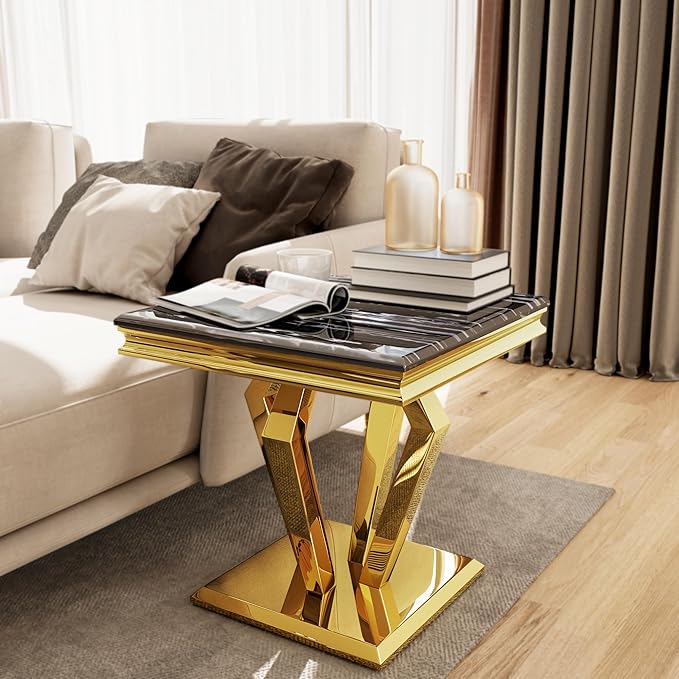 Living Room Table Set - 3 Piece Coffee Table With 2 End Tables, Black and Gold for Home Apartment Office