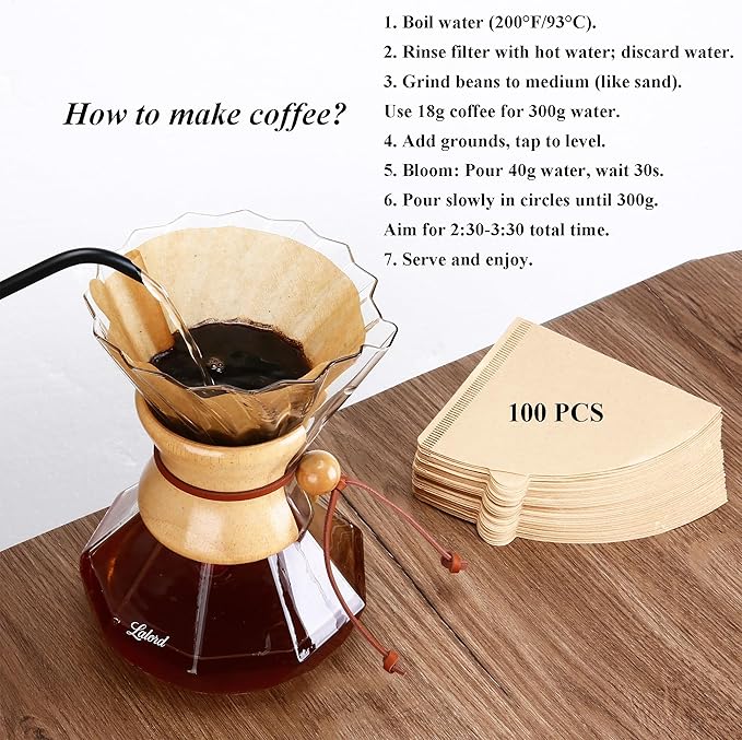 Pour Over Coffee Maker, 19 oz Borosilicate Glass Coffee Carafe with 100 PCS Paper Filter, Wooden Collar & Cowhide rope, Glass Coffee dripper (Clear, 550 ml(only Paper Filter))