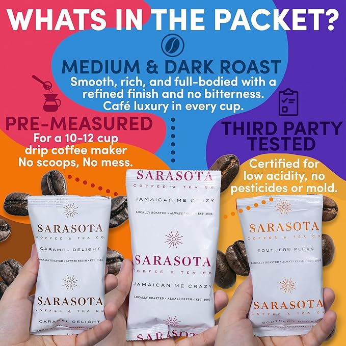 Coffee Packets Sampler – Coffee Variety Pack Ground Coffee Gift Set, Medium Dark & Flavored Roast, Low Acid Gourmet Pre-Measured Packs for 12-Cup Brewers, 2oz Individual Bags