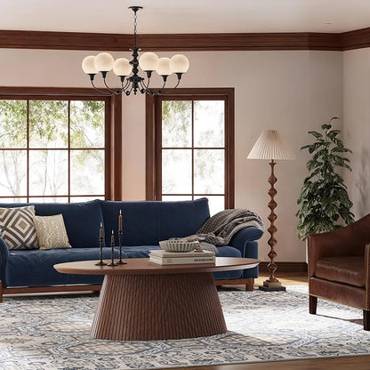 win2win Oval Coffee Table, Mid Century Modern Coffee Table with Fluted Design, Small Funky Tea Table with Wood Grain Veneer, Minimalist Center Table for Living Room, Apartment, Office, Walnut