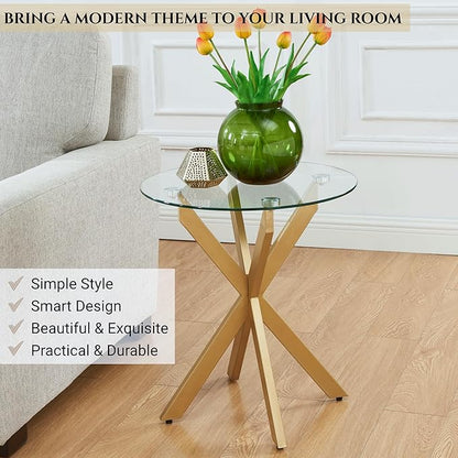 Modern Glass End Table, Small Round Side Table for Couch, Sofa Table with Clear Tempered Glass Top for Living Room, Bedroom, Bedside, 19.7" Wx21.7 H Gold