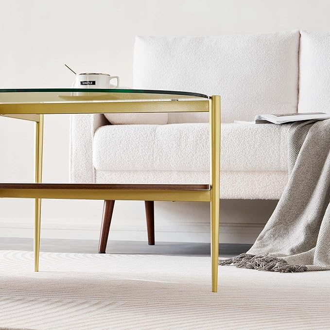 Oval Glass Coffee Table, Mid-Century Modern Design, L43 x W22 x H17 inch, 2-Tier Structure, Olive Shaped Clear Glass Top and Walnut Finish Wood Shelf, Tapered Legs with Gold Finish Frame