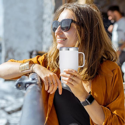 20 oz Stainless Steel Tumbler with Handle Bulk Metal Insulated Tumblers Travel Coffee Mug with Handle Double Wall Tumbler Cup with Lid and Straw, White 12 Pack