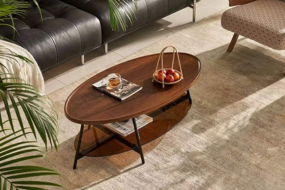 Shrine Glass Coffee Table, Black Walnut Table for Living Room, Glass and Wood Table, 43.3" D x 21.6" W x 15.7" H, Brown Glass Base, Walnut Wood Top&Black Metal Frame
