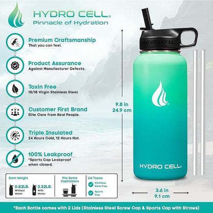 HYDRO CELL Stainless Steel Insulated Water Bottle with Straw - For Cold & Hot Drinks - Metal Vacuum Flask with Screw Cap and Modern Leakproof Sport Thermos for Adults (Mint/Green 32oz)