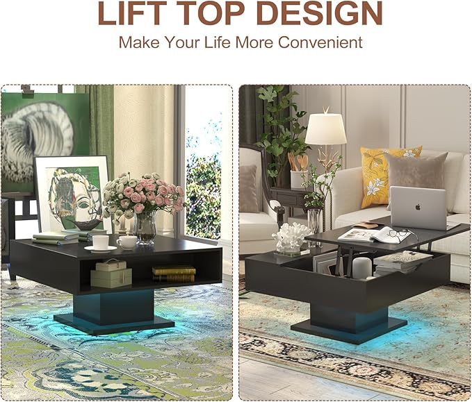 30.7" Lift Top Coffee Table with Storage, Square Black Led Coffee Table with Large Hidden Storage, Wood Living Room Table Led Center Table for Dining Reception Room