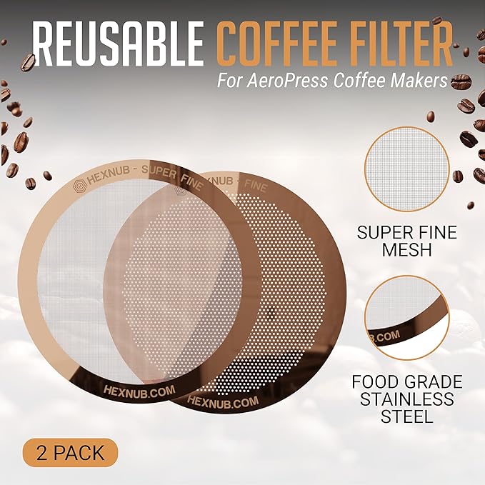 HEXNUB - Reusable Metal Filters for AeroPress Coffee Maker, Stainless Steel Filter Fits AeroPress Original & Go Cafe Press, Fuller Bodied Coffee Than Paper Filters - COPPER 2-PACK