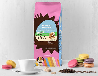 Crazy Cups Decaf Flavored Ground Coffee, Decaffeinated Coconut Caramel Coffee, For Brewing Flavored Hot or Iced Decaf Caramel Coffee, 10oz
