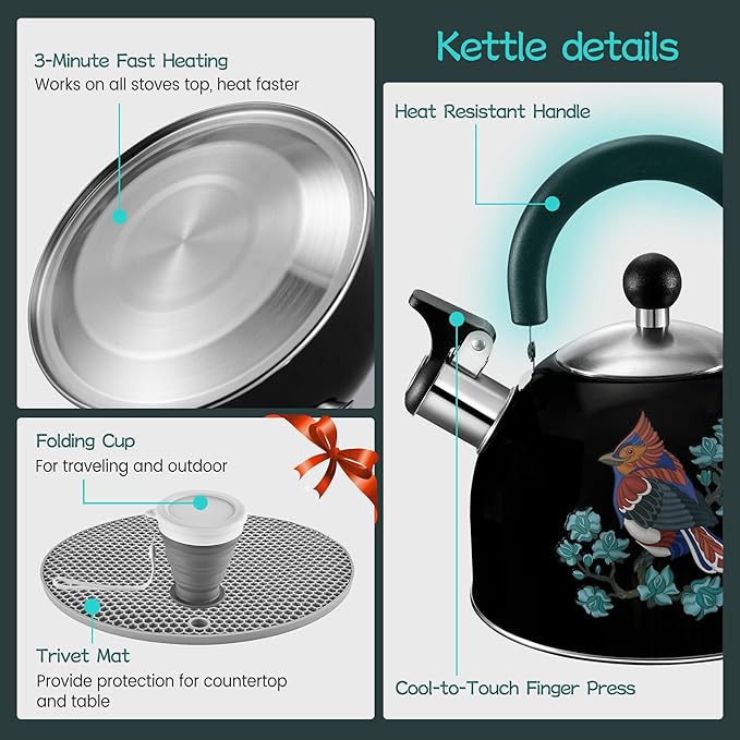 ARC Stainless Steel Whistling Tea Kettle for Stovetop, Magic Color Changing Design Teapot for Stovetop, 2 Quart Black Tea Kettle with Silicone Trivet Mat for Heat Resistant & Folding Cup