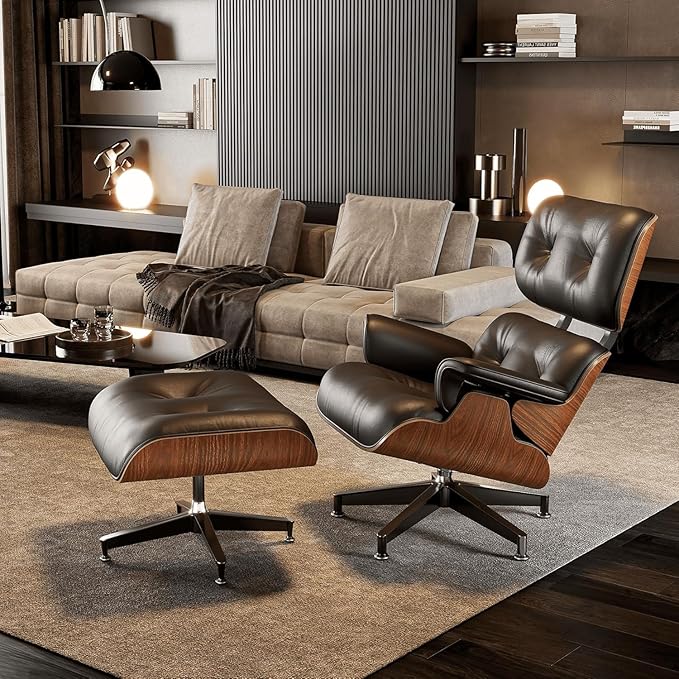 Premium Black Grain Leather, Mid Century Modern Chaise Lounge & Ottoman Set, Classic Design Chair, Heavy Duty Base Support for Living Room, Lounge, Office, Palisander Wood（Palisander-black, Upgraded)