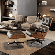 Premium Black Grain Leather, Mid Century Modern Chaise Lounge & Ottoman Set, Classic Design Chair, Heavy Duty Base Support for Living Room, Lounge, Office, Palisander Wood（Palisander-black, Upgraded)